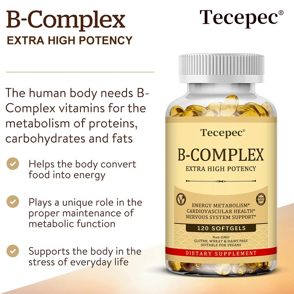 Vitamin supplements Tecepec B-Complex (B12 B1 B2 B3 B5 B6 B9 Folic acid and biotin), Softgel immune and energy support, NON-GMO