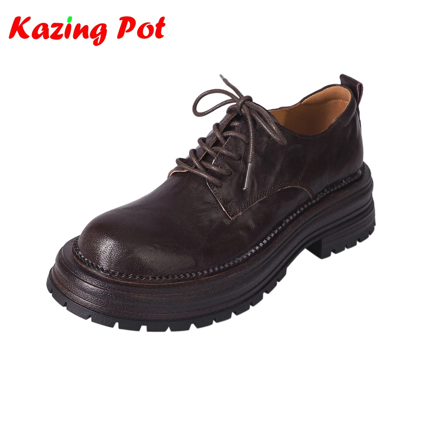 Scarpe Autunnali Krazing Po in Pelle di Pecora con Lacci, Punta Rotonda, Stile Preppy, Plateau con Suola Spessa, Tacco Medio, Scarpe da Donna per Appuntamenti
