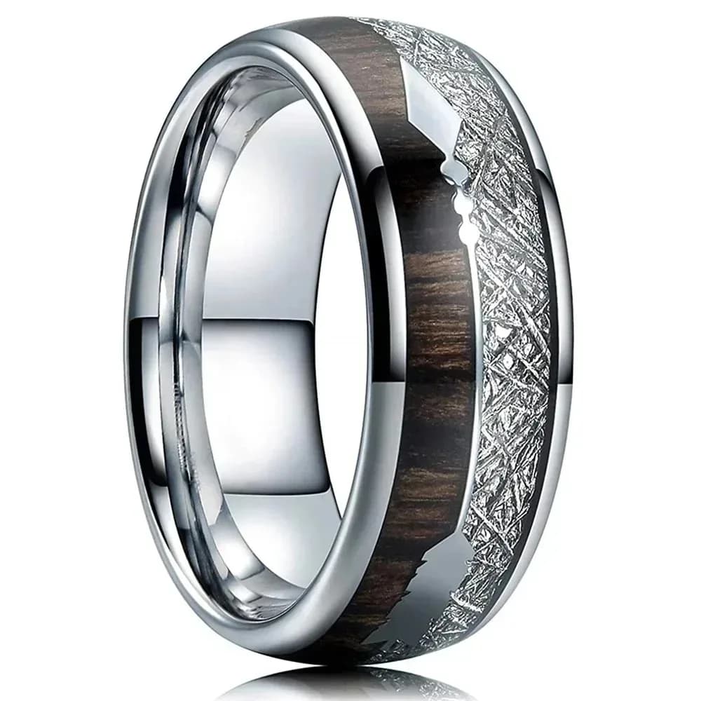 Fashion 8mm Men Silver Color Stainless Steel Arrow Rings for Men Inlaid Koa Wood Meteorite Wedding Band Jewelry Drop Shipping