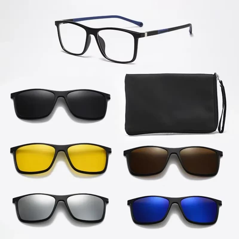 KAMMPT New Polarized Square Sunglasses Men 6 in 1 Sets Magnet Clip on Shades Women Fashion Driving Night Vision Sun Glasses