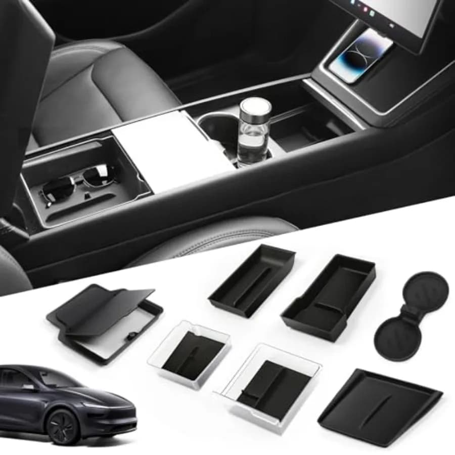 Set di 9 Organizzatori per Console Centrale per Tesla Model Y Juniper 2026, Kit Vassoio Portaoggetti con Pad Antiscivolo per Ricarica Wireless