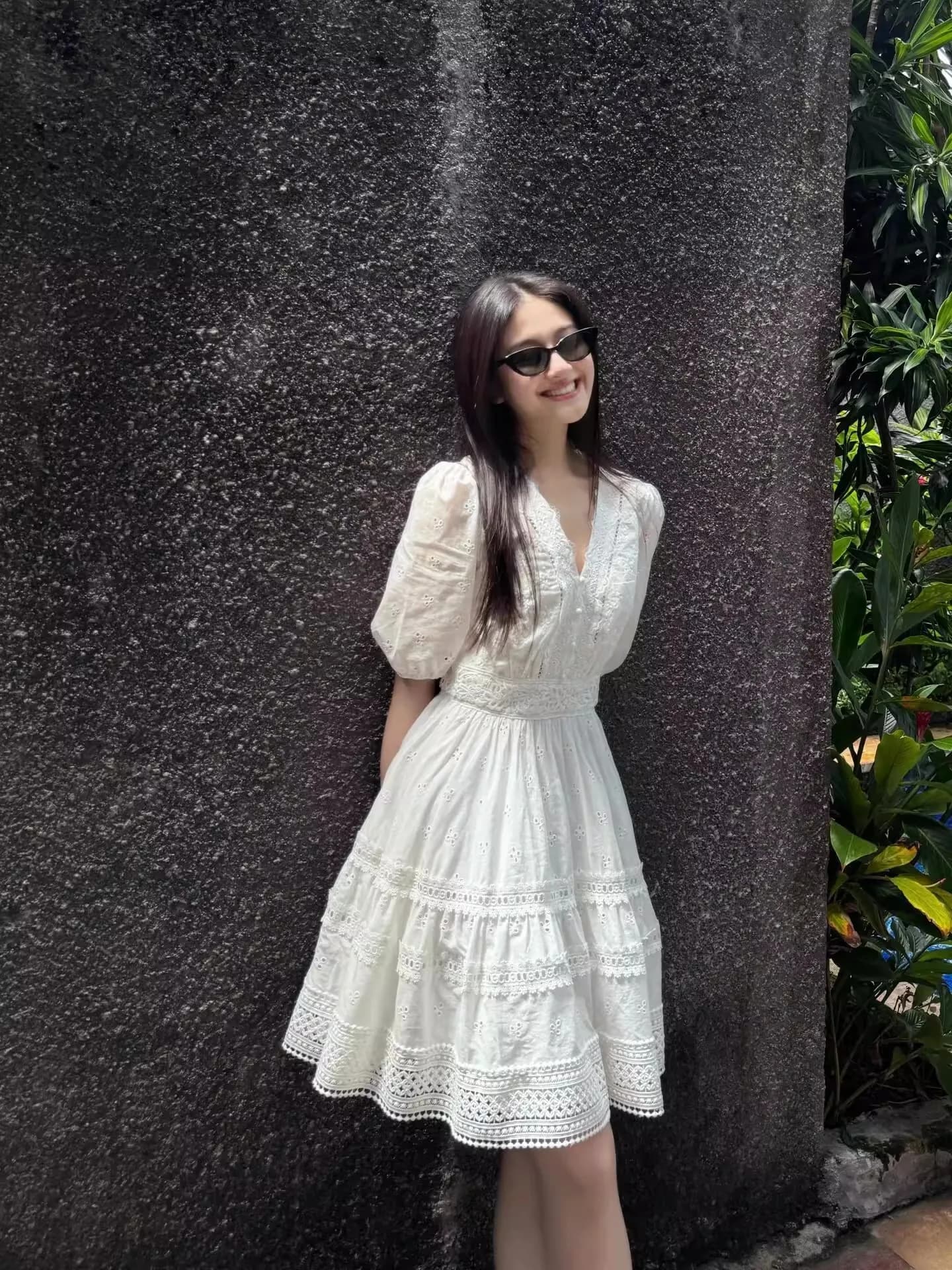 Abito Estivo EXJR Bianco con Pizzo, Gonna Corta a Trapezio per Ragazze, Stile Dolce, Vita Alta, Maniche a Bolla, Tinta Unita, Scollo a V