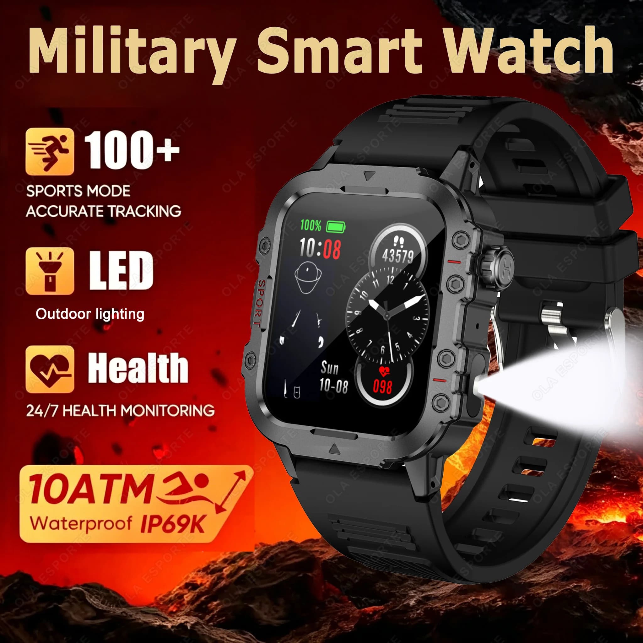Smartwatch 2026 per Sport Militari e all'Aperto, Orologi Impermeabili per Uomo e Donna, Torcia LED, Monitoraggio della Salute, Orologi Bluetooth Nuovi