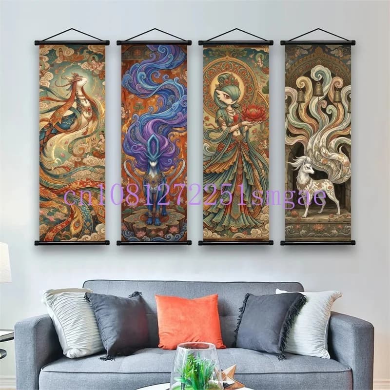 Pokemon Anime Poster Scroll Painting, Pikachu, Charizard, Eevee, Gengar, Mewtwo, Room Art White Canvas Painting Wall Decoration