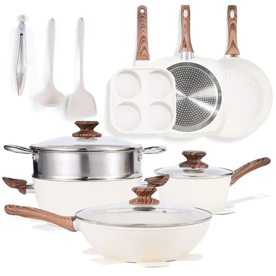 Set di pentole in ceramica da 17 pezzi, antiaderente, atossico, sano, con manici resistenti al calore, set di pentole per induzione con padella.