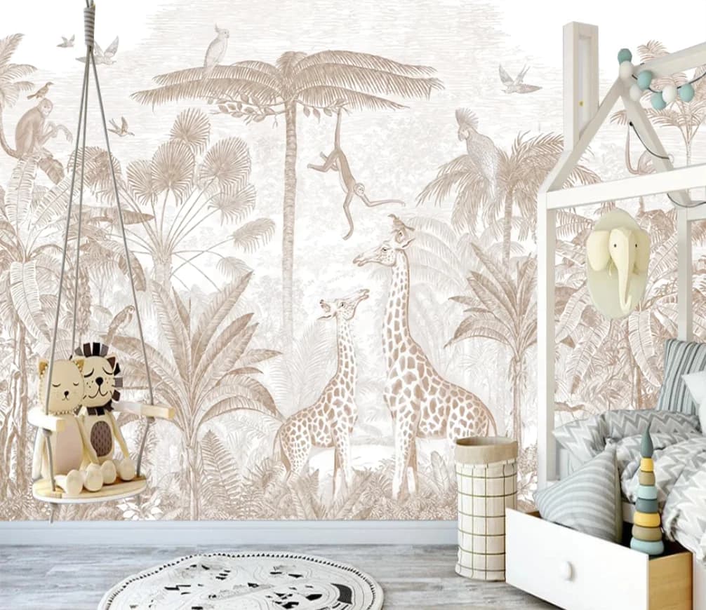 Murale personalizzato fauna selvatica foresta pluviale tropicale palma sfondo muro Giraffa scimmia ghepardo giungla pittura decorativa 3d wallpaer