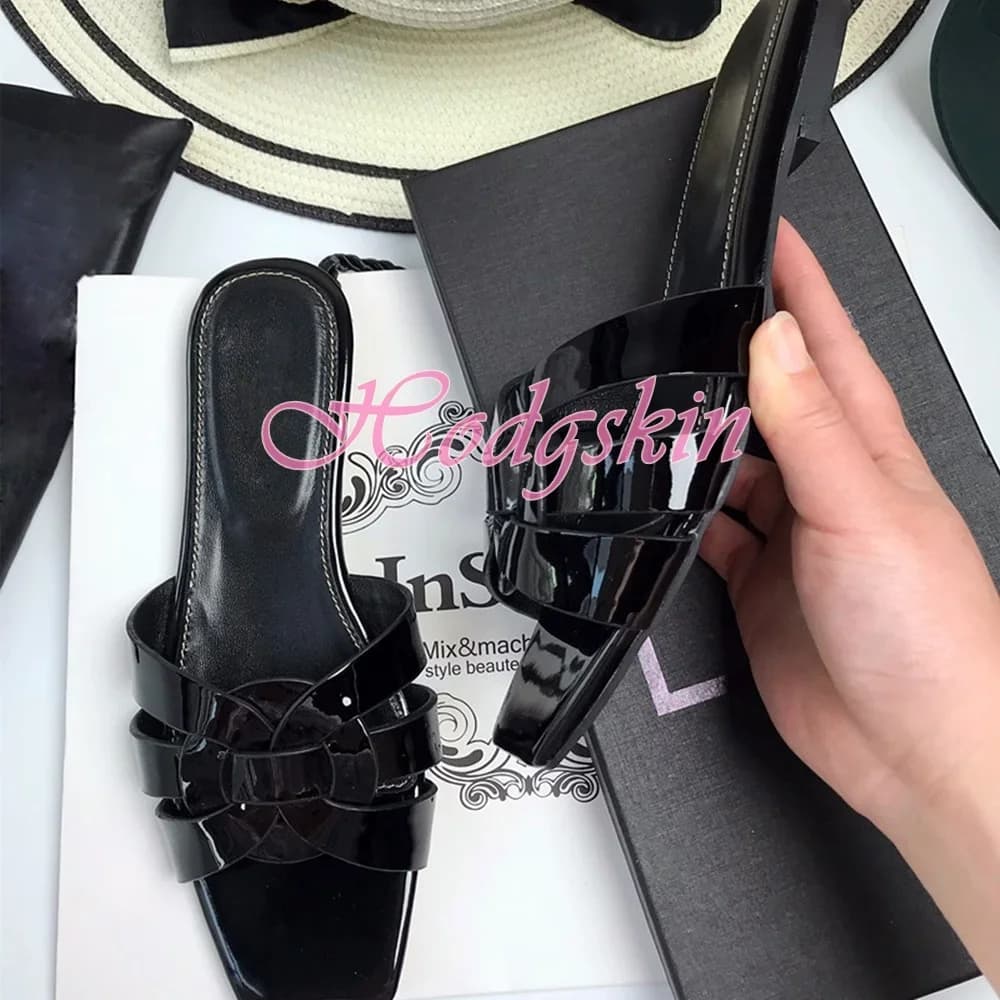 Sandali piatti in pelle verniciata con nodo Slip On Open Toe Solid Designer scarpe da donna Summer Party Dress Out Wear sandali con pantofola Fashion