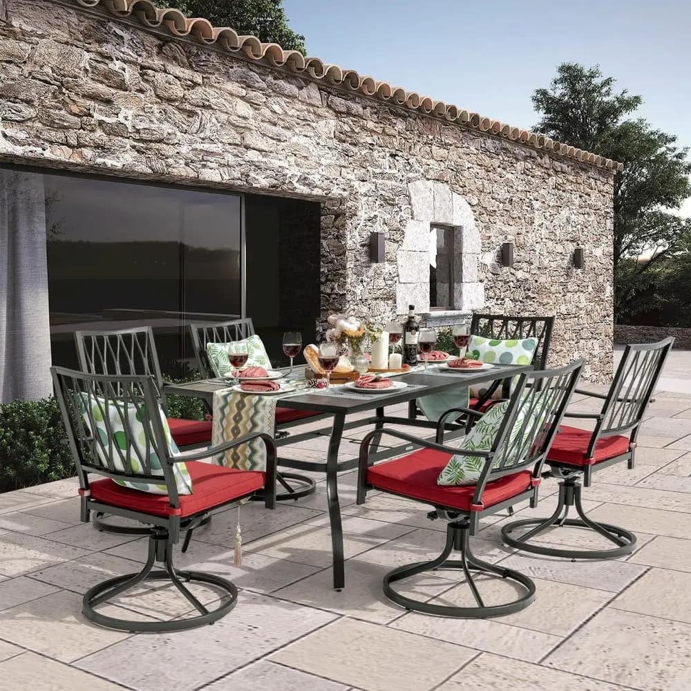 7 Piece Outdoor Dining Set, Outdoor Furniture Set for Rectangle Iron Umbrella Dining Table and 6 Cushioned Swivel Chairs, Black