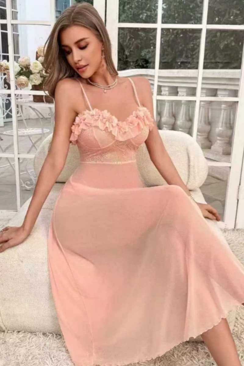 2026 Summer New Style Three-dimensional Lace Pajamas Dress Pure Color Mesh Lace Camisole Nightgown See-through Sexy Lingerie