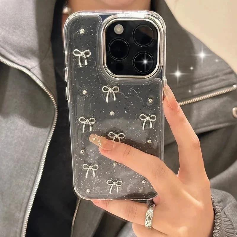 INS Glitter Silver 3D Bowknot Epoxy Phone Case For iPhone 18 17 16 14 15 Pro Max 13 12 Shockproof Clear Cover