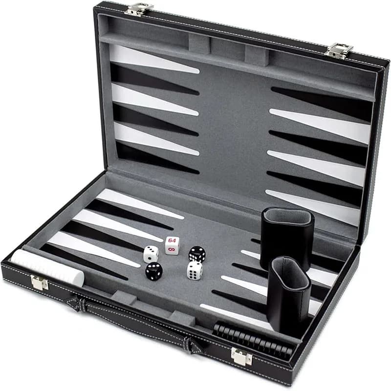 Set da backgammon deluxe con custodia in similpelle nera cucita Gioco da scacchiera Set da scacchiera classico per feste in famiglia per adulti
