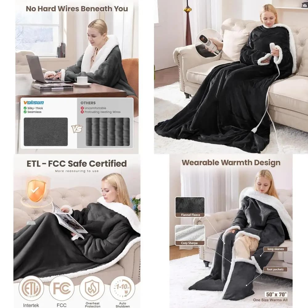 Coperta riscaldata elettrica grigia con tasca sul piede, riscaldamento a 9 livelli e spegnimento automatico, 50x70