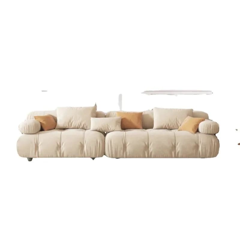Divano moderno italiano in tessuto stile wabi-sabi, a blocco, con schienale dritto, per soggiorno piccolo, in legno massello, stile lusso leggero