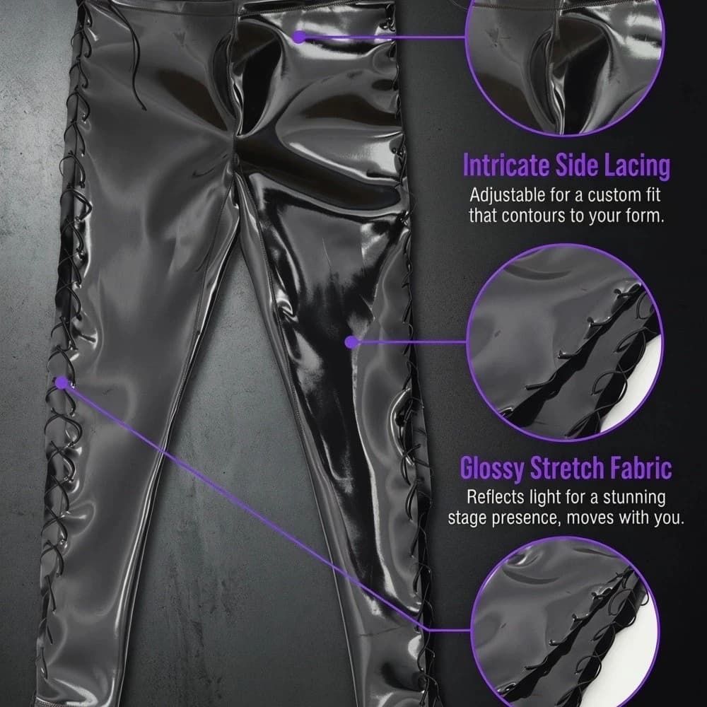 Pantaloni a matita elastici in PU impermeabili da uomo sexy Pantaloni slim a doppio lato con fasciatura cava senza pulizia Pantaloni punk in ecopelle in lattice