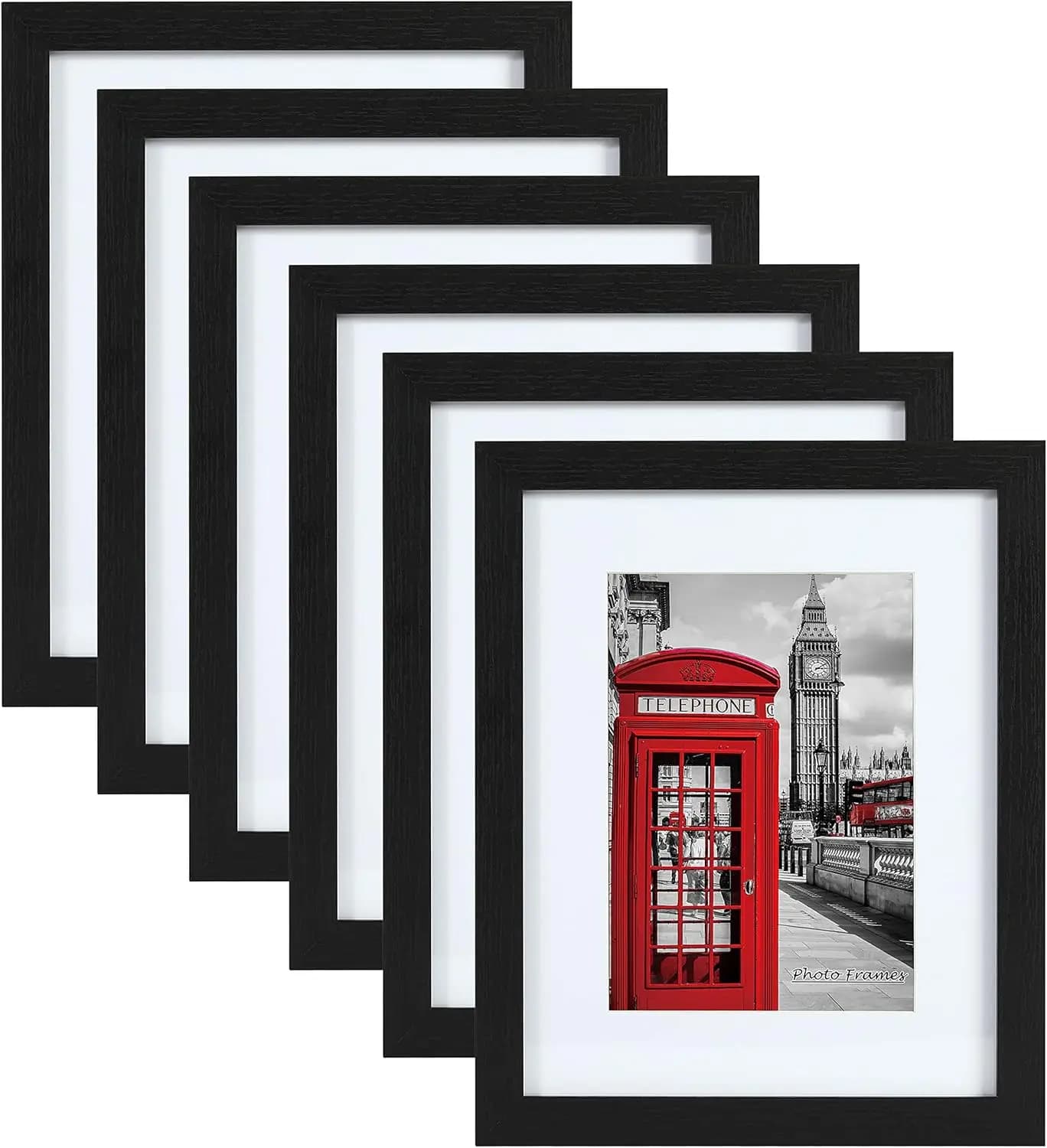 Set di 6 Cornici Nere Effetto Legno, 11x14 con Passepartout per Foto 8x10, da Appendere o da Tavolo