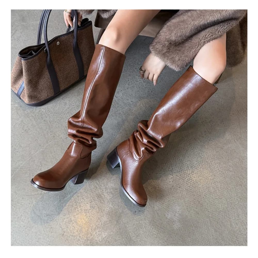 Tacchi alti al ginocchio Stivali da donna Scarpe moda robuste in pelle Punta tonda Stivali lunghi da neve Nuove pompe firmate Punk Chelsea Botas Mujer