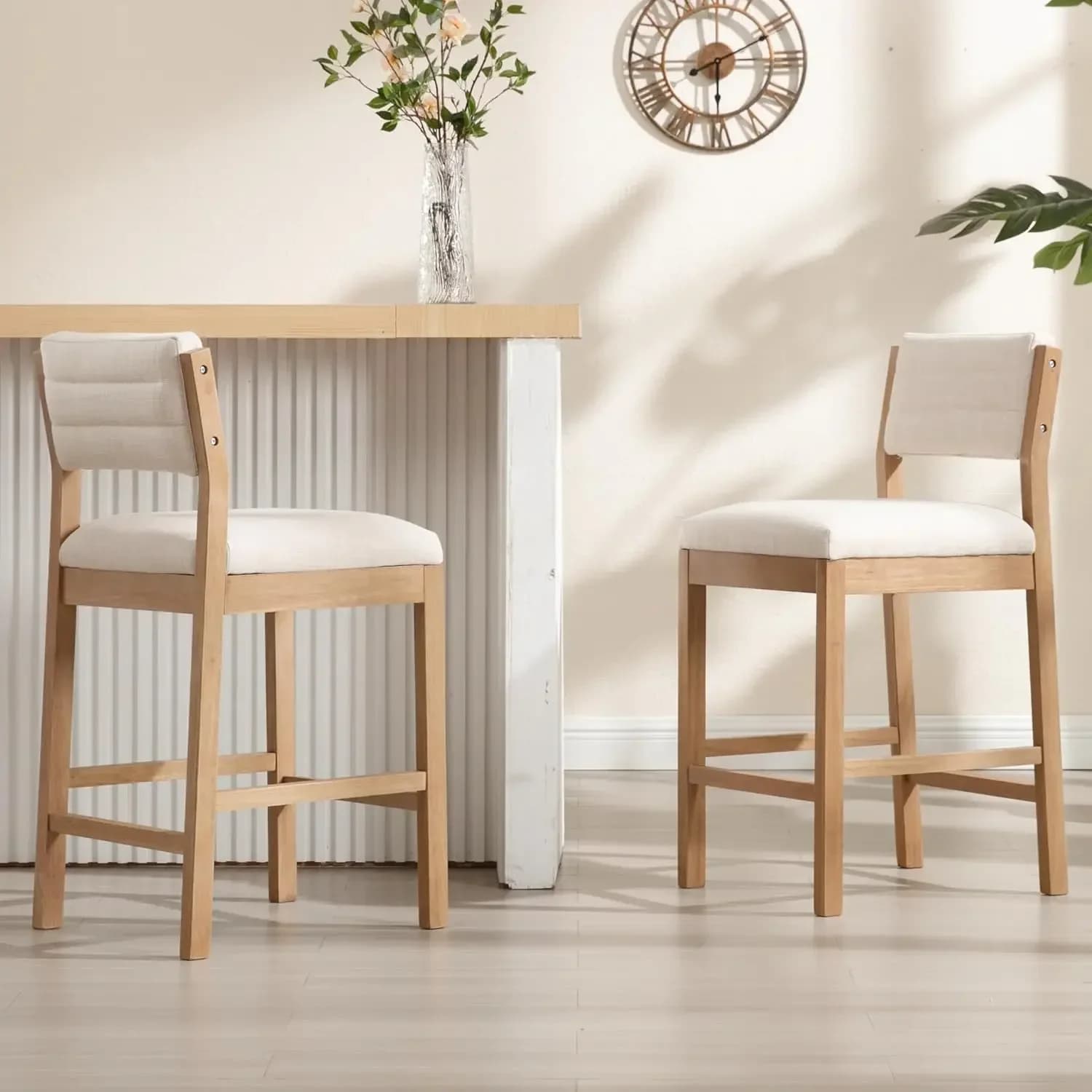 26" Bar Stools Set of 2 Counter Height Bar Stools for Kitchen Counter, Modern Upholstered Barstools with Back and Wood Legs Line