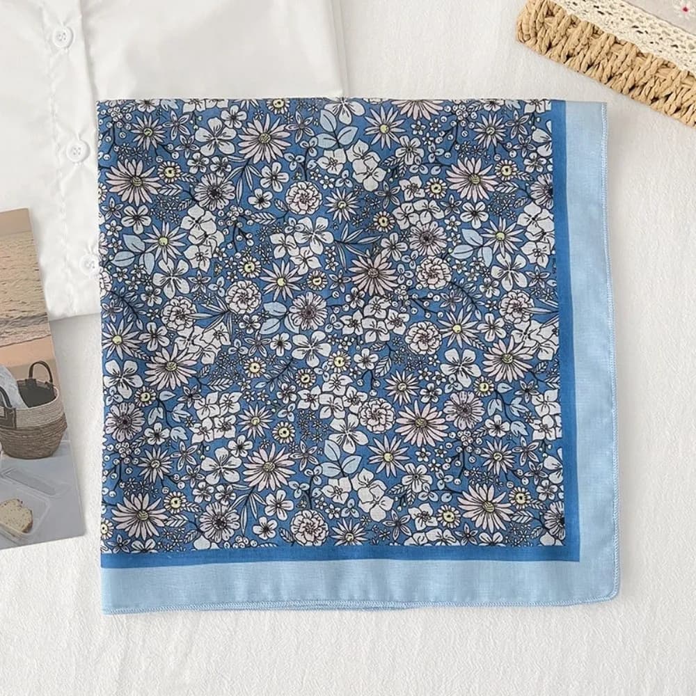Foulard Quadrato in Cotone e Lino con Stampa Floreale, Stile Pastorale, Accessorio per Capelli