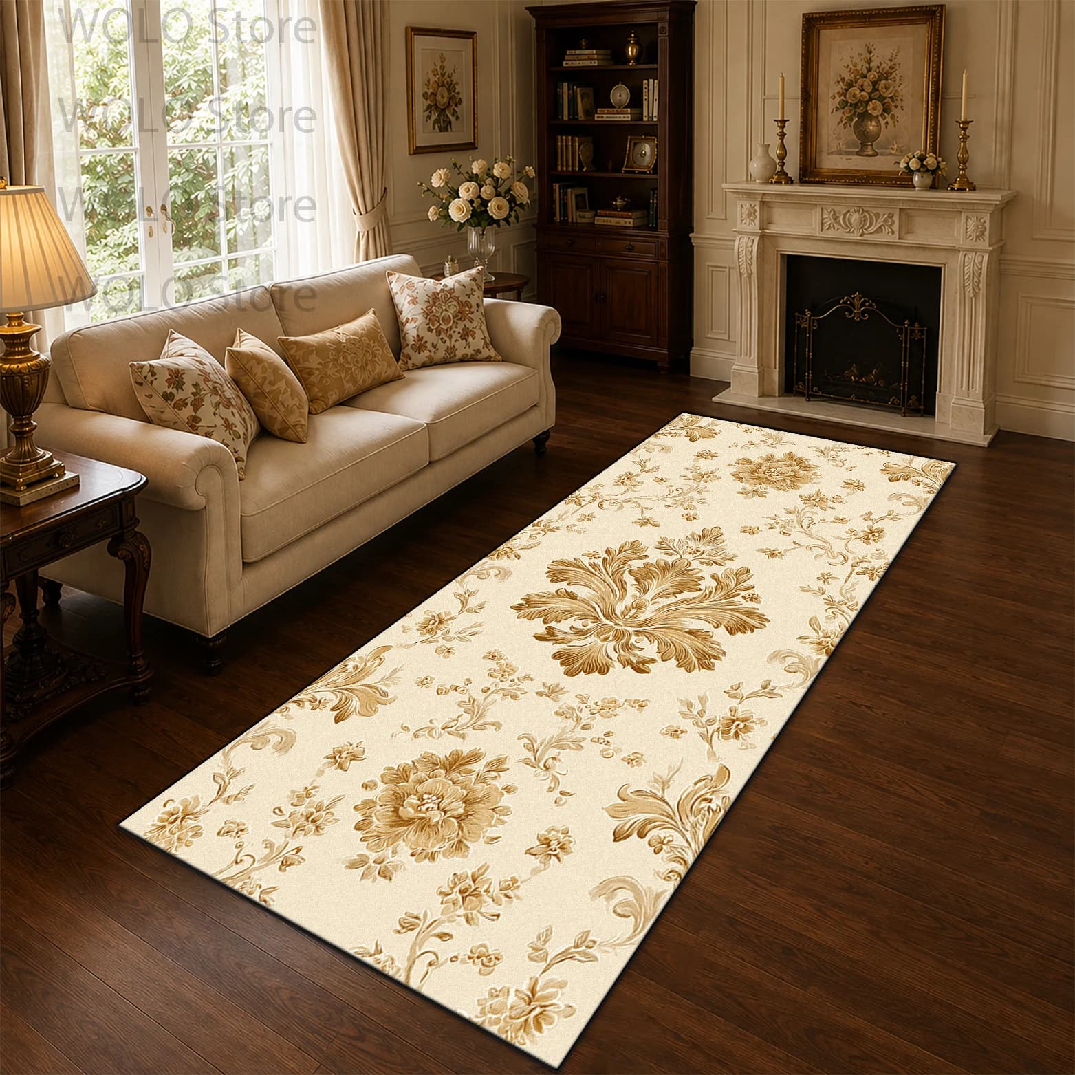 European Style Retro Golden Floral Long Corridor Carpet Plush Soft Decorative Rug for Living Room Machine Washable Mat Runner