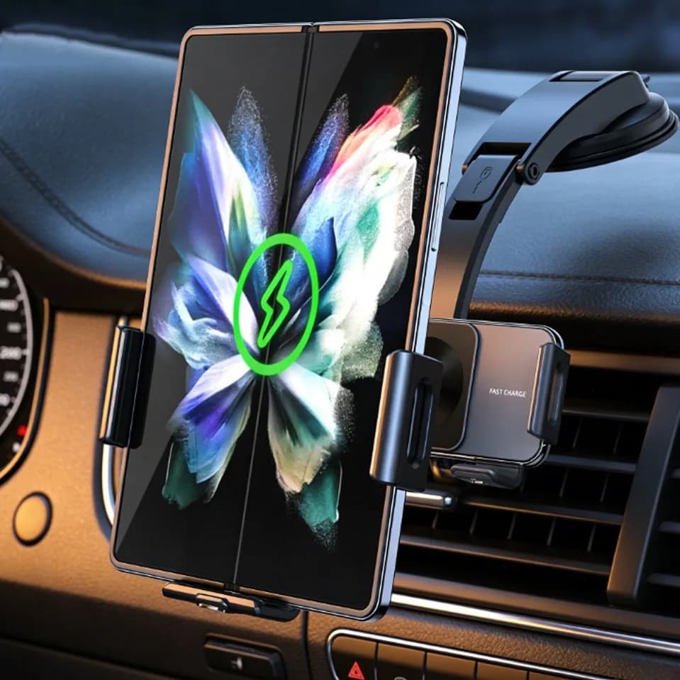 Supporto per telefono con caricabatterie wireless da 15W a doppia bobina per auto, con bloccaggio automatico elettrico, per Samsung Galaxy Z Flip, montaggio su bocchetta dell'aria o con ventosa.