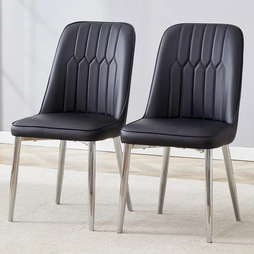 Coppia di Sedie da Pranzo in Pelle Nera con Gambe in Metallo Argento per Cucina e Sala da Pranzo, Adatte per Casa e Ristorante