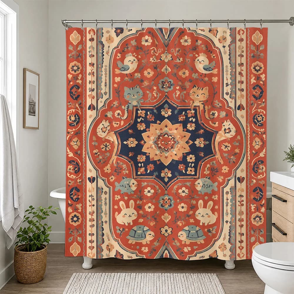 Vibrant Watercolor Animals Bathroom Shower Curtain Bohemian Farmhouse Style Cute Woodland Creatures Shower Curtain