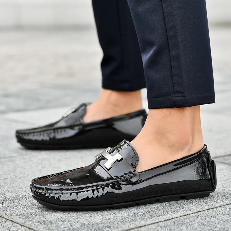 British Style Men Patent Croc Print Driving Loafers, Hot Sale Genuine Cowhide Slip-On Comfort Casual Driving Leather Shoes