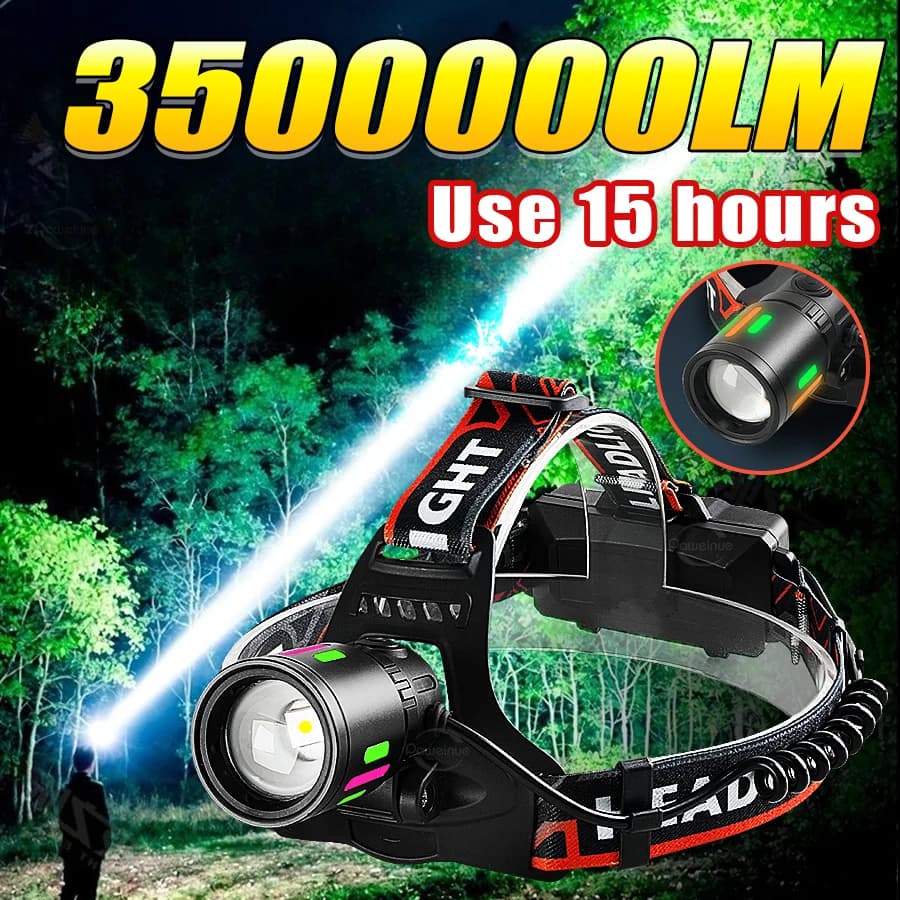 3500000 LM Faro più potente 600W Lampada frontale a LED 1500M Torcia frontale ricaricabile USB Torcia da pesca da campeggio 18650