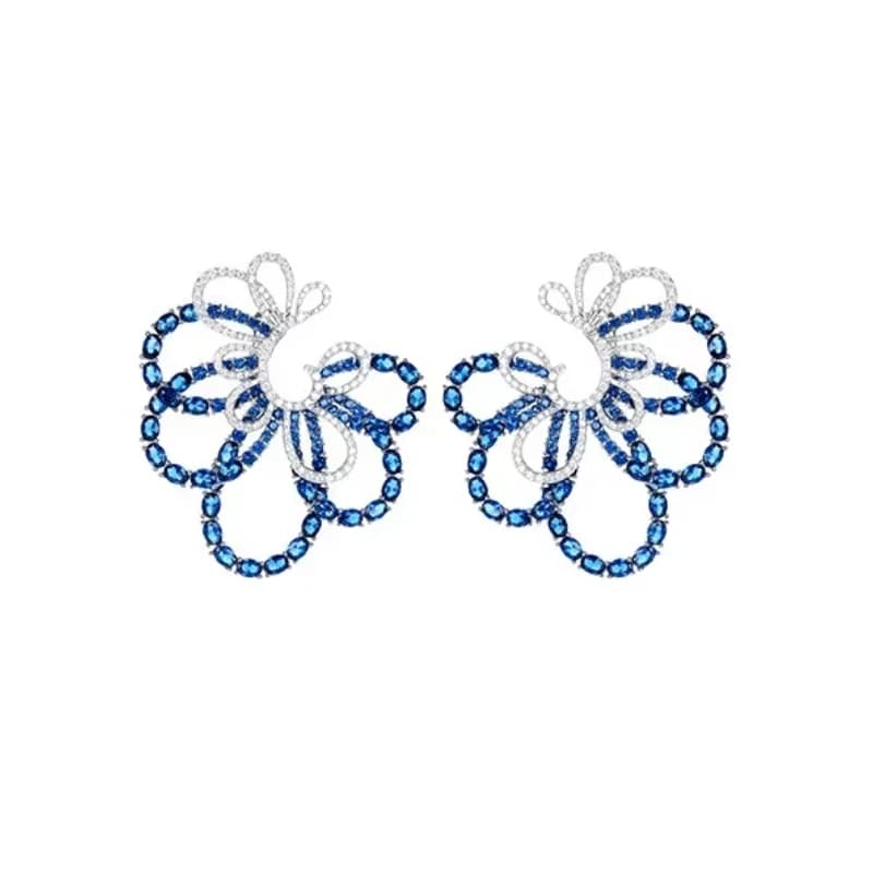 BELLUX Earrings in Silver 925 Gold Plated with Synthetic Zirconia, Blue and White Flower Petals, Drilled Earrings with Diamonds