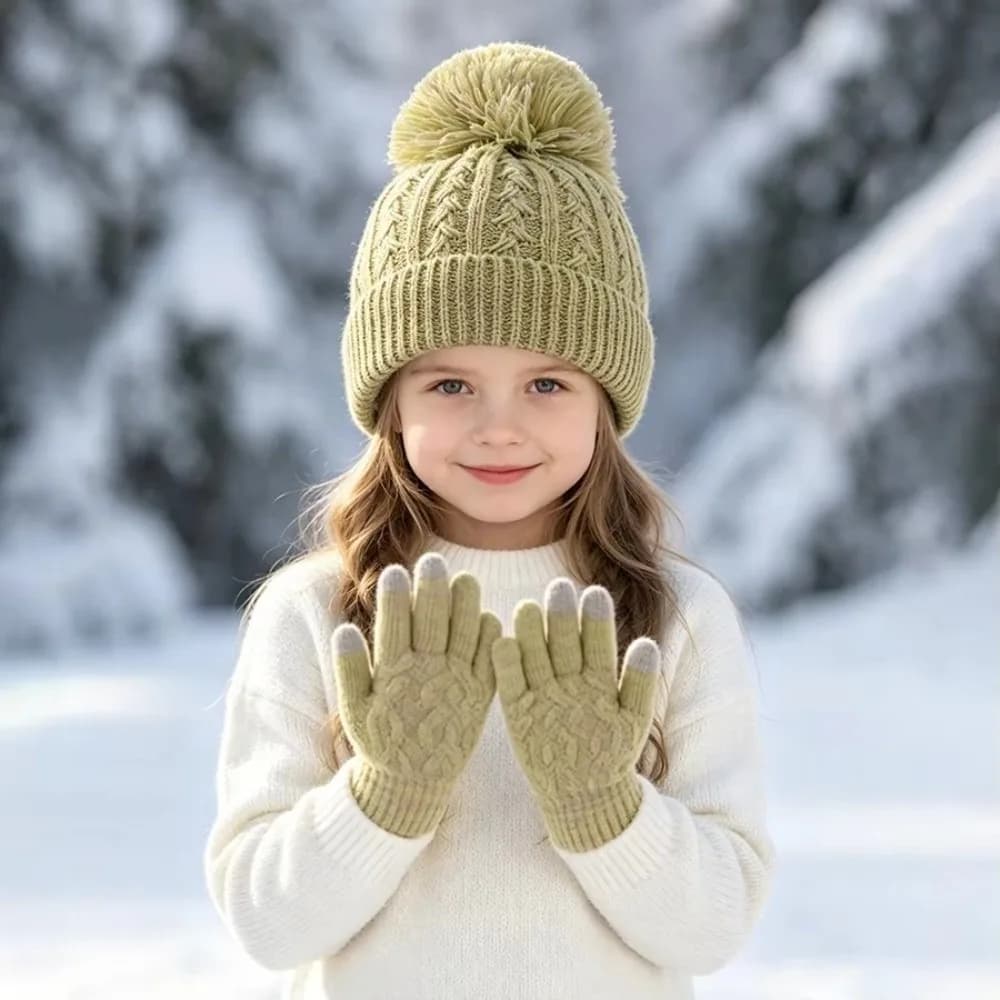 2Pcs/Set Fashion Winter Children Hat Gloves Set Lining Windproof Touchscreen Gloves Warm Pompom Knitted Hats Gloves