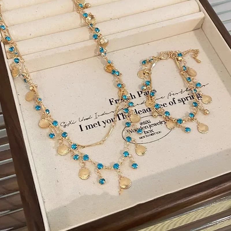Nuova Elegante Collana Romantica con Cristalli Blu e Nappine per Donne, Bracciale di Lusso, Gioiello Raffinato Regalo per Ragazze
