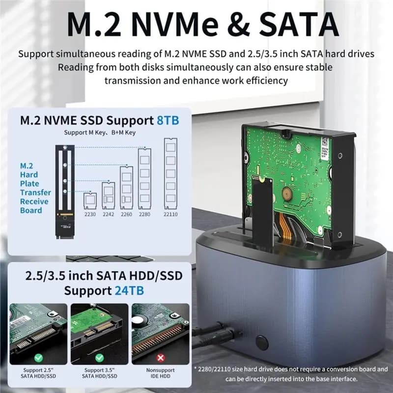 Delicate texture-M.2 SATA Nvme 2.5/3.5 Inch SSD HDD Dual Bay Hard Drive Dock USB3.0 Offline Clone Duplicator External Storage