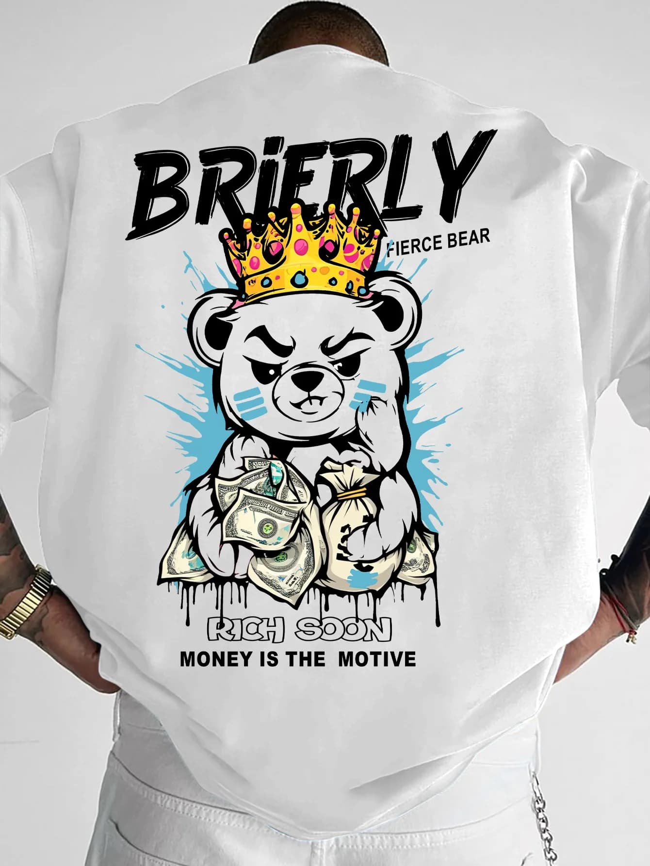 T-shirt da uomo estiva con stampa orsetto e lettere, girocollo, comoda e traspirante, a maniche corte, per streetwear trendy da esterno