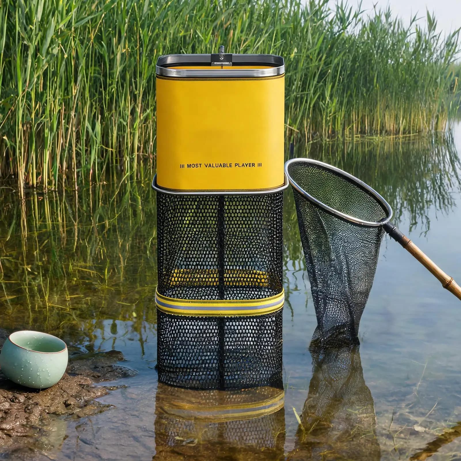 Folding Fishing Trap Bait Landing Net Portable Angling Mesh for Bass Trout Carp Catfish Lake River Shore Kayak