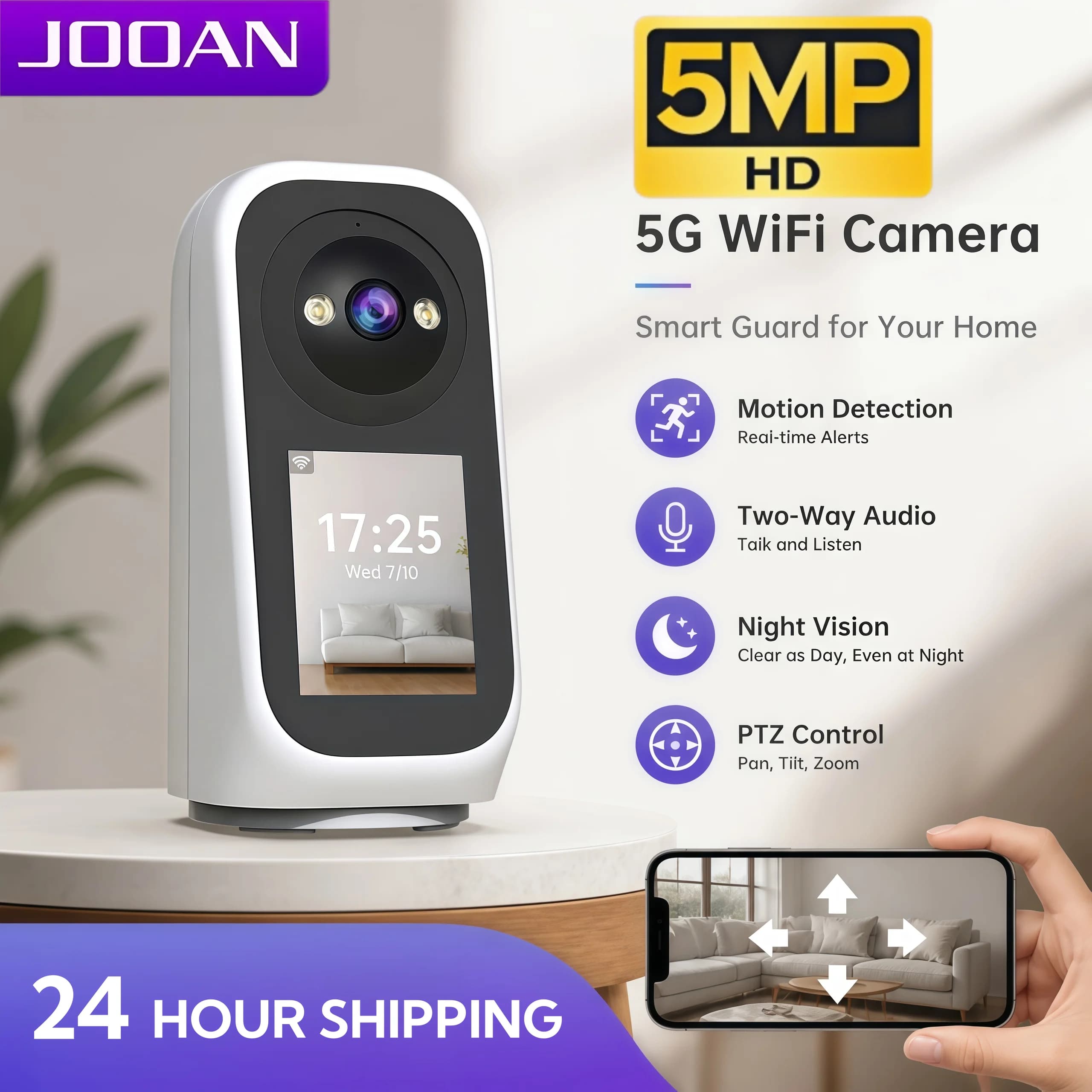 JOOAN 5MP 2.8 Inch Video Baby Monitor 5G WiFi Indoor Home Security Camera Auto-Tracking 2-Way Audio 24/7 Video Surveillance