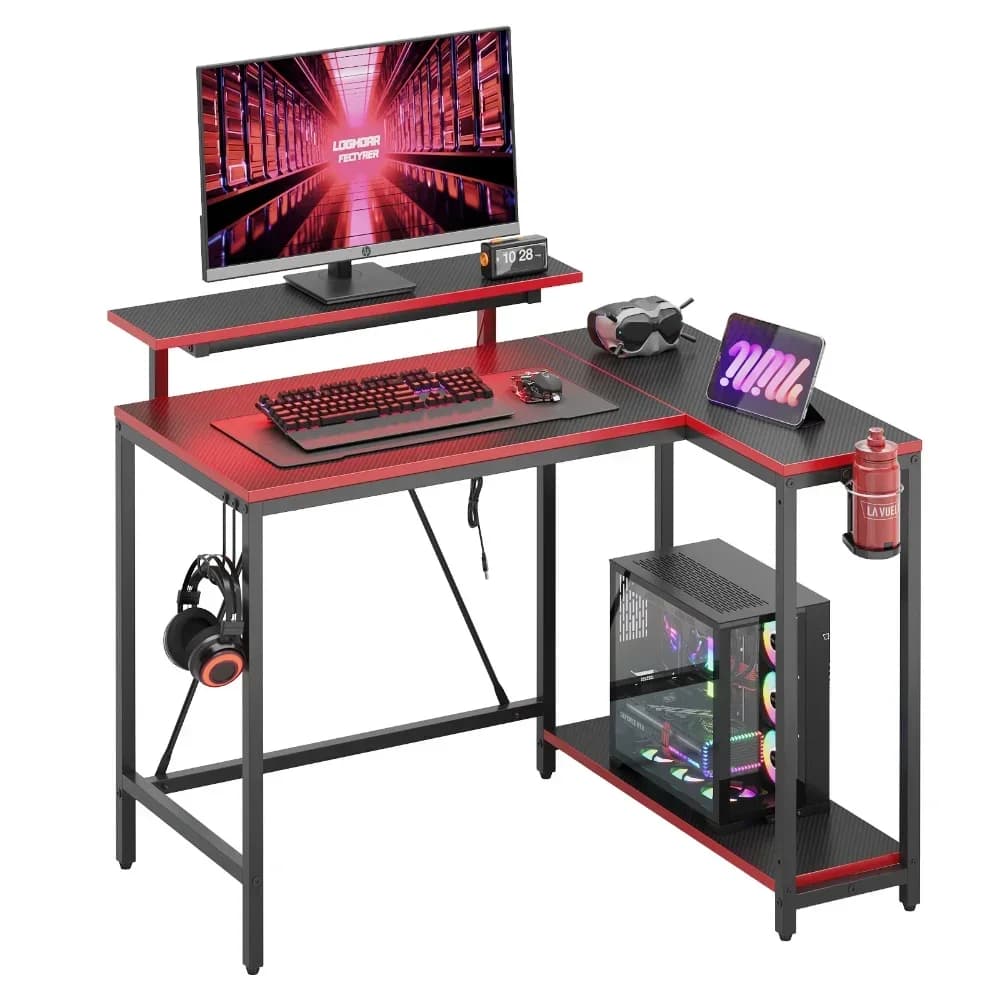 42" L-shaped reversible gaming desk with monitor support, LED lights and headphone hooks, office, sturdy and durable fashion
