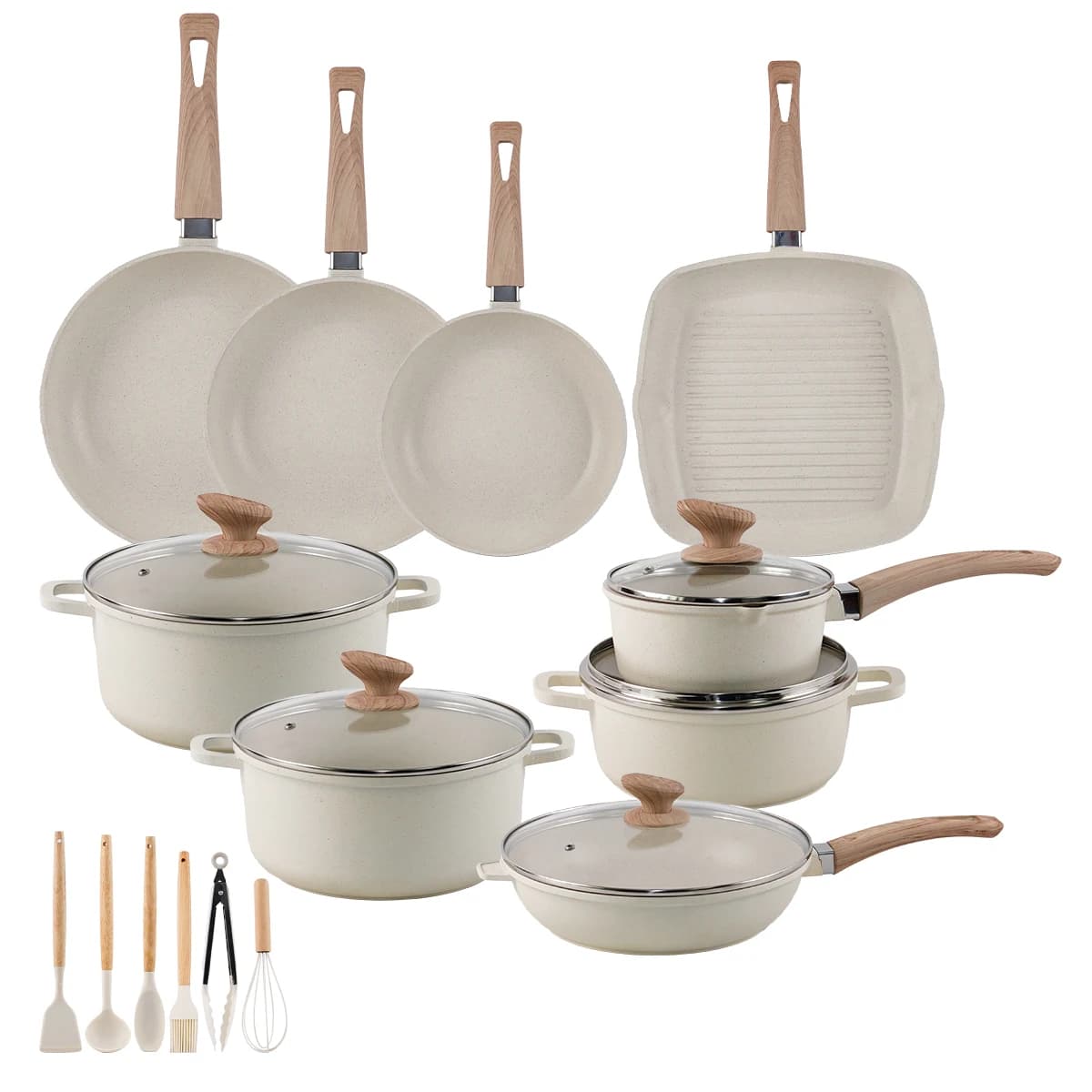 Set di Pentole in Alluminio Antiaderente Ecologico da 20 Pezzi con Pentola, Padella, Adatto per Forno e Lavastoviglie