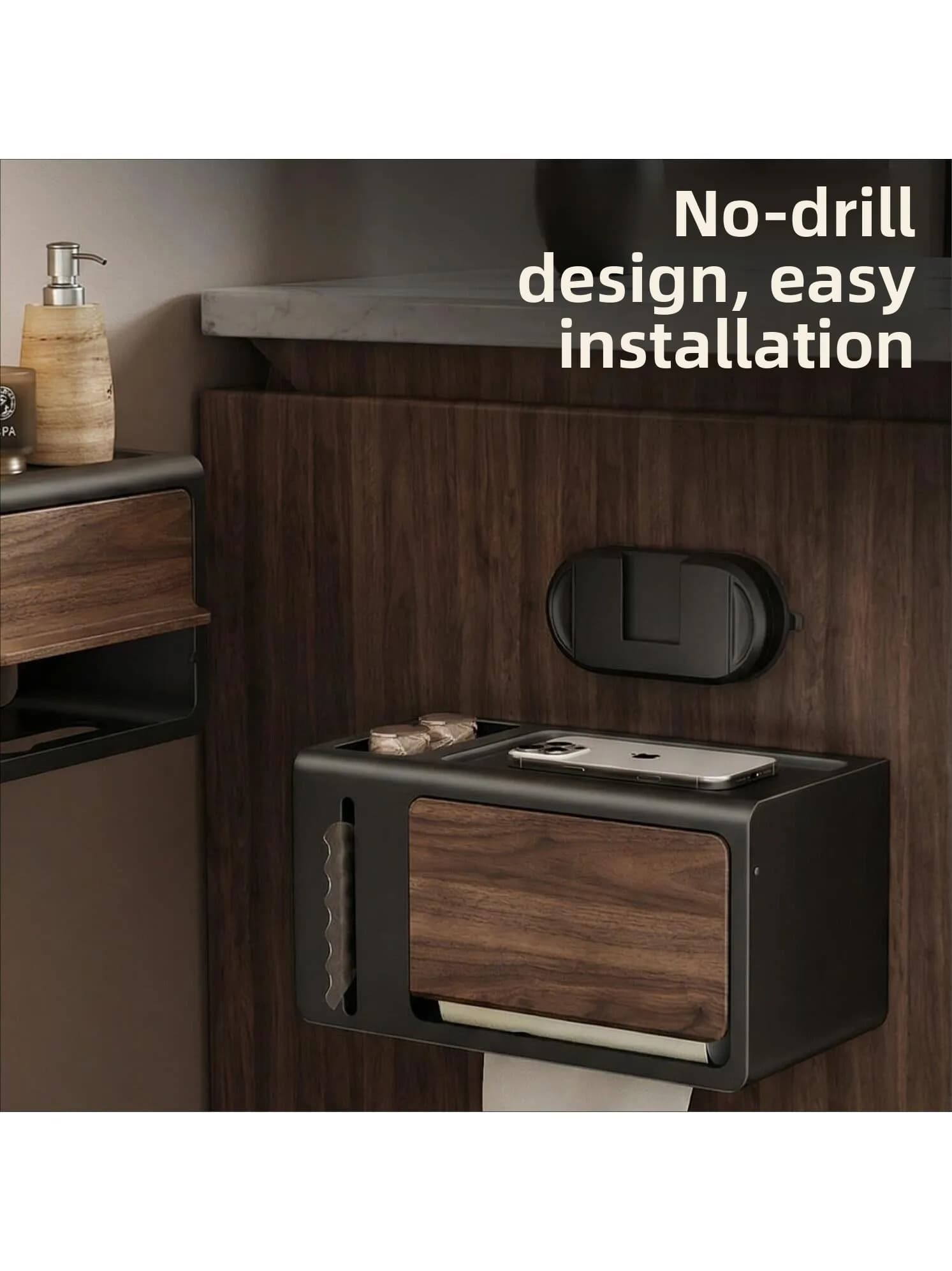 Portarotolo da Bagno Impermeabile con Motivo Legno di Noce, Design a Parete, per Uso Domestico, con Ripiano Portaoggetti