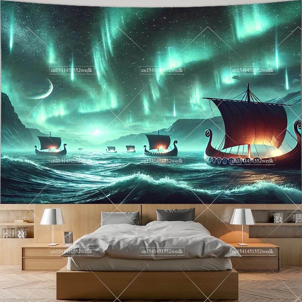 Viking Longship Tapestry Ancient Nordic Runes Wall Hanging Sea Landscape Tapestrys Room Decor Aesthetic College Dorm Wallpapers