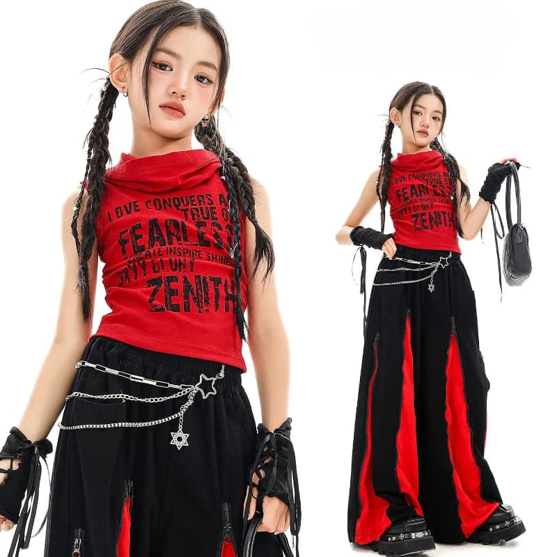 Costume Hip Hop per ragazze Abiti da ballo di strada Set Gilet rosso estivo con cappuccio Top Pantaloni larghi Abbigliamento da ballo di strada fresco Spettacolo di abiti da palcoscenico