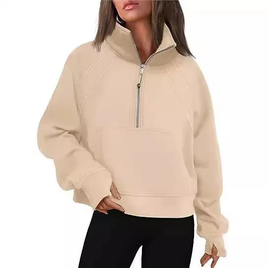 Felpa in peluche tinta unita da donna mezza cerniera colletto corto temperamento tasca per pendolari nuova felpa Pullover 2024