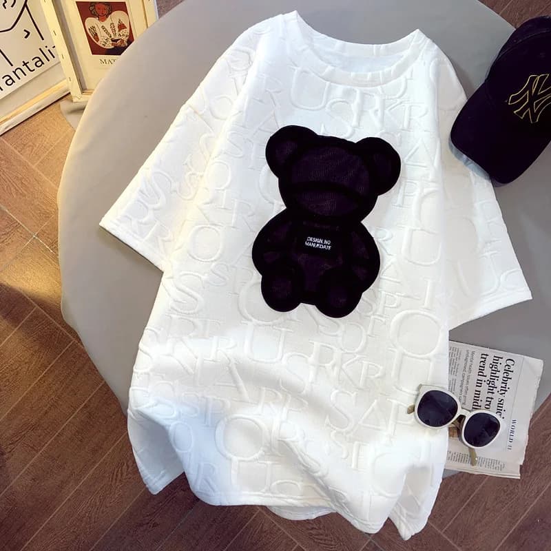 CGC Korean Women's Fashion T-shirt Oversize Casual Bear Print Short Sleeve Tees Summer Woman Trained T-shirts Simple O-neck T-shirt