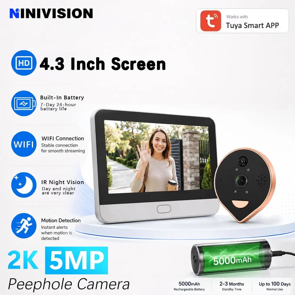5MP 2K WiFi Video Doorbell Peephole Camera 4.3 Inch Screen Tuya Smart App PIR Motion Detection IR Night Vision 5000mAh Battery