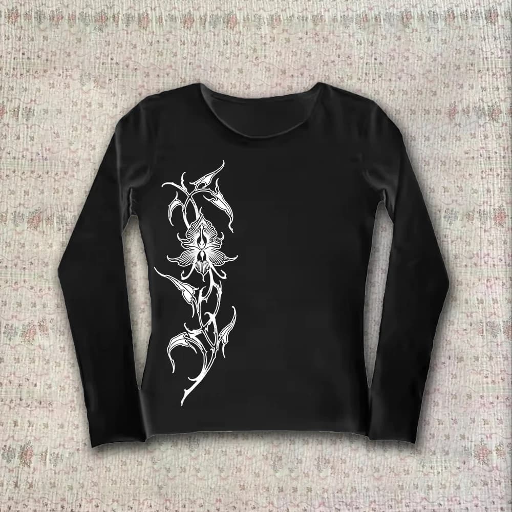 2000s American Gothic retro 90s Emo top Japanese clothing Y2k geometric pattern T-shirt slim fit retro Harajuku long sleeved T-s