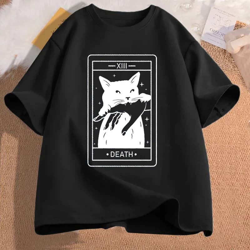 Abbigliamento uomo Tarocchi unisex Morte Gatto strega T-shirt Divertente Tarocchi T-shirt Cat Mom Tee Shirt Crazy Lovers Cat Lady Tshirt Cotone