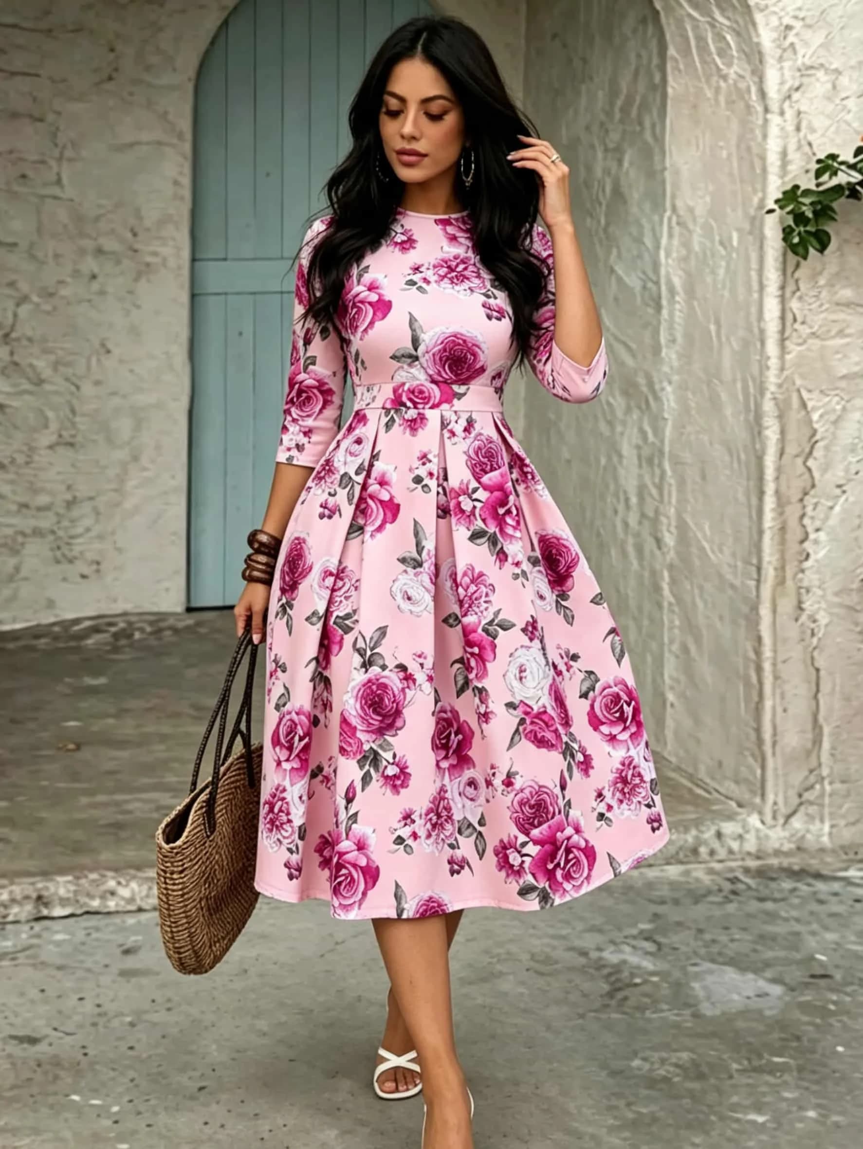 UK Fashion Women's New Autumn Dress, Crew Neck 3/4 Sleeve Floral Print A-Line Dress, Elegant Fitted Versatile Outfit for Commute