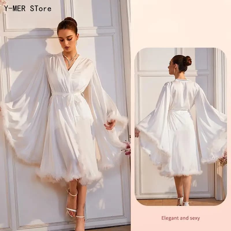 Women Mid-Length Ice Silk Kimono Robe Fuzzy Fur Trim Big Flare Sleeve Self Tie Belt Sexy Bridal Morning Gown Loungewear Bathrobe