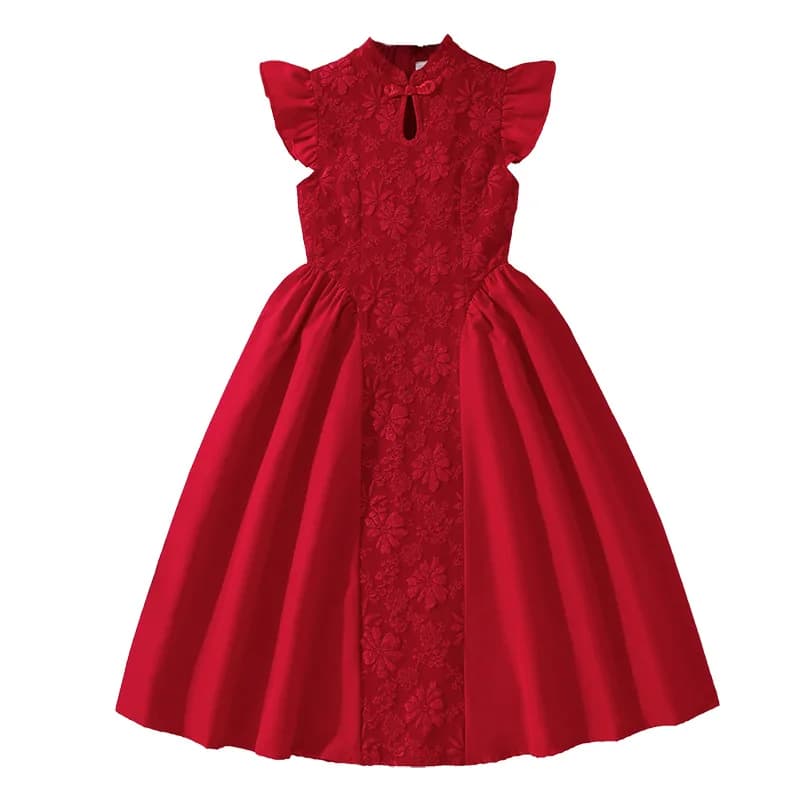 Abito da Principessa Rosso per Bambine, Abbigliamento Estivo con Colletto Cinese, Lussuoso Vestito Ricamato a Maniche Corte con Gonna a Ruota