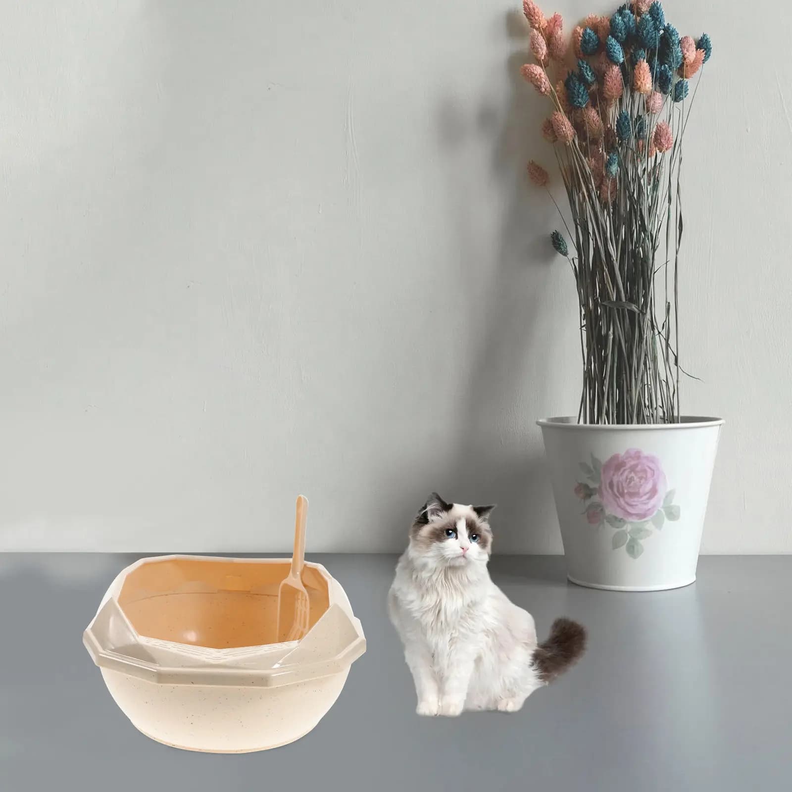 1 Pezzo Lettiera per Gatti Semichiusa in Plastica, con Motivo a Pois Kaki e Coperchio Anti-Schizzi, per Uso Interno Domestico, Articoli per Animali Domestici