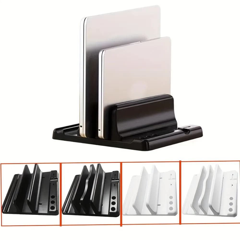 Supporto Verticale Multifunzionale Regolabile per Laptop, Organizzatore da Scrivania a Doppio Slot per Tablet e Telefoni, Portaoggetti Salvaspazio per Casa e Ufficio